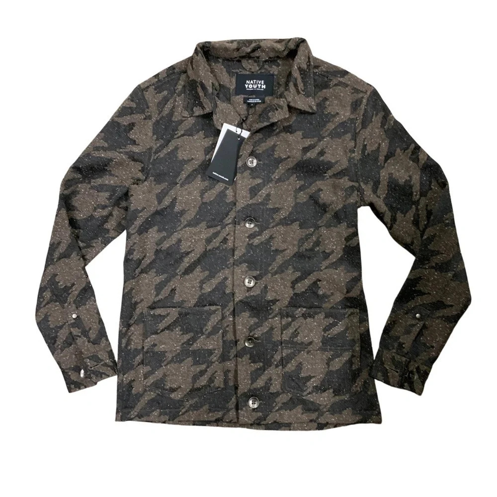 Native Youth Mens Small Lynx Overshirt‎ Jacket Brown Grey Houndstooth NWT